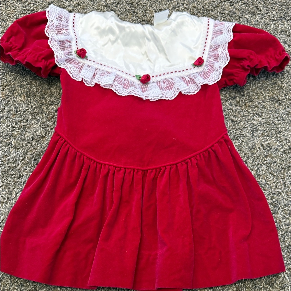 Red Lace-Trim Velvet Kids Dress